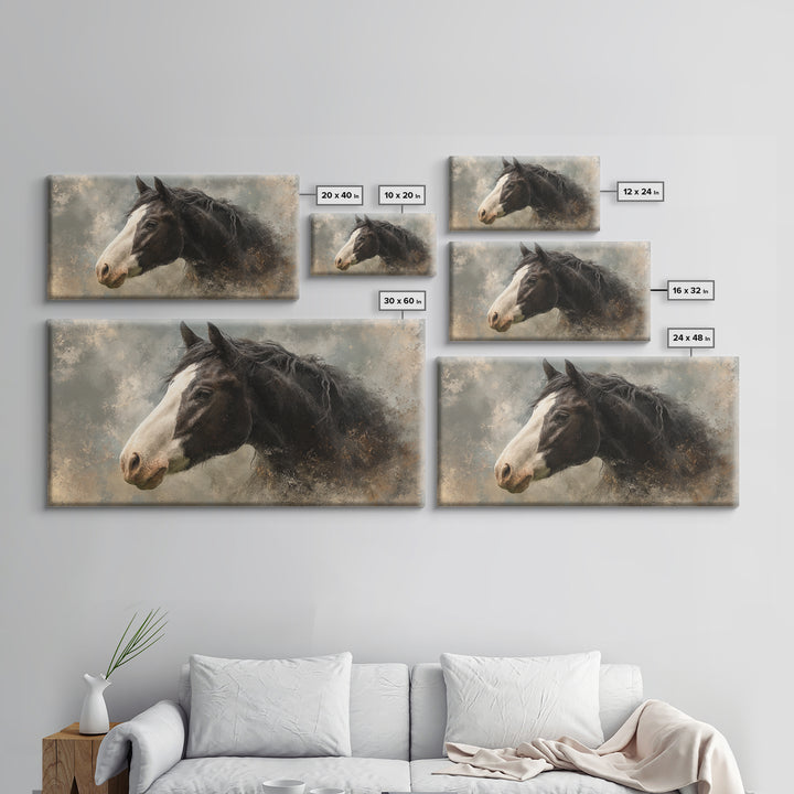 Black and White Wild Horse Portrait Framed Canvas Print, Black and White Art, Art Print, Living Room Decor, Monochrome, BAW-2x1-25