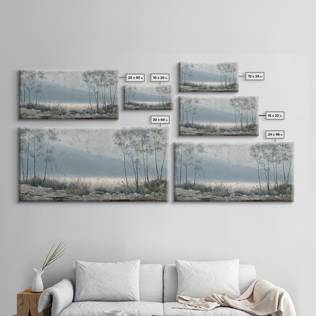 Moody Foggy Forest Framed Canvas Print, Black and White Art, Boho Decor, Living Room Decor, Monochrome, Halloween Decor, BAW-2x1-27