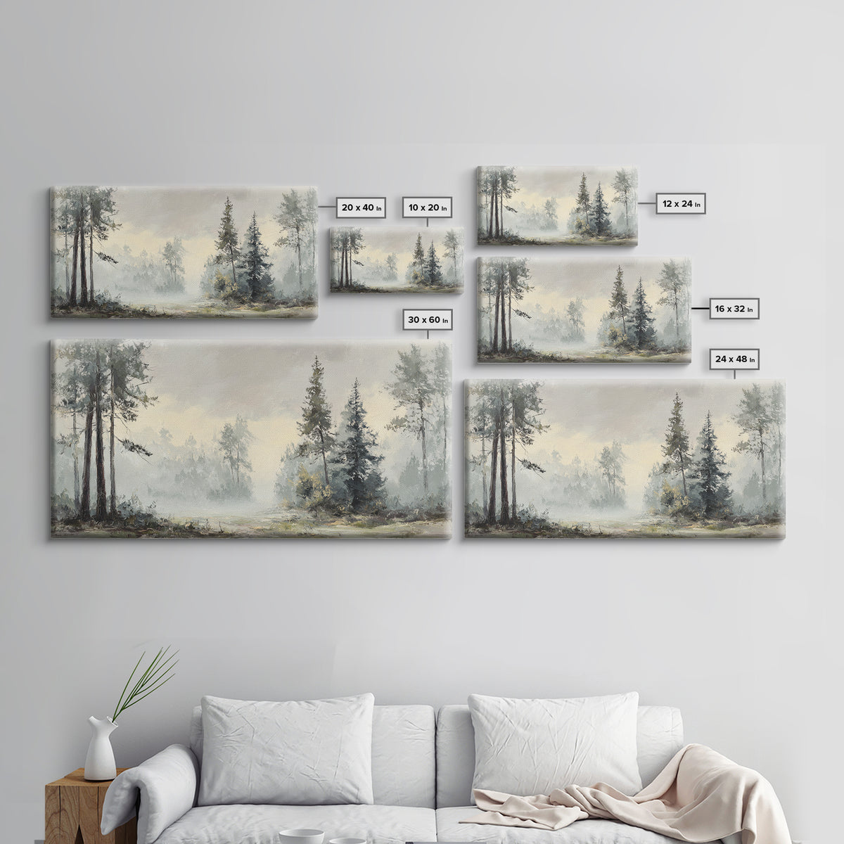 Moody Foggy Forest Framed Canvas Print, Black and White Art, Gothic Decor, Living Room Decor, Oil Painting, Monochrome, BAW-2x1-3
