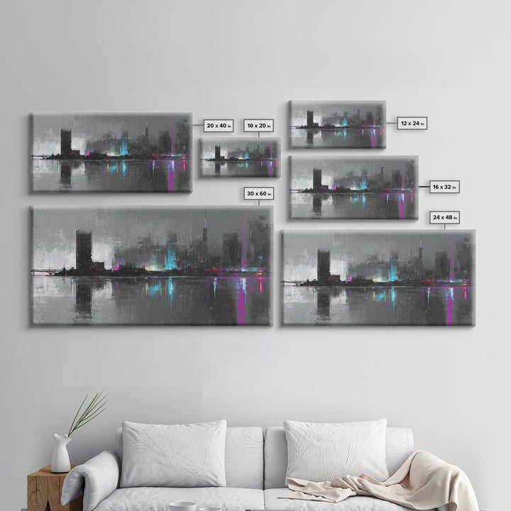 Monochrome City Skyline Reflected Canvas Print, Black and White Art, Living Room Decor, Abstract Art, Monochrome, BAW-2x1-31