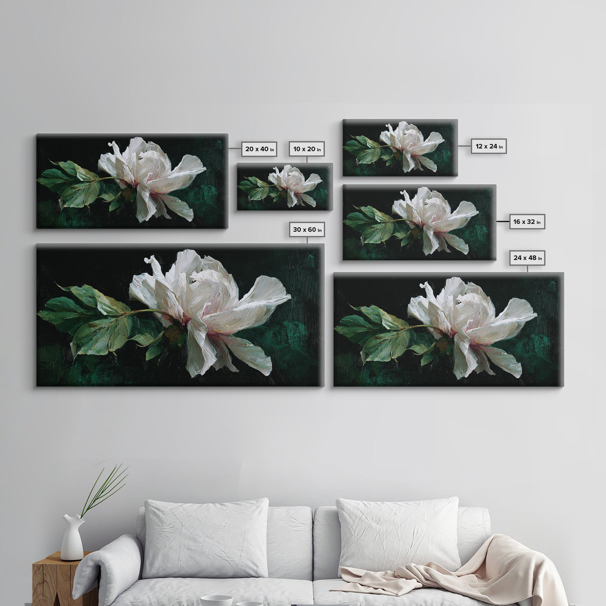 White Flower on Deep Black Background Canvas Print, Black and White Art, Wall Art, Living Room Decor, Watercolor Art, BAW-2x1-32