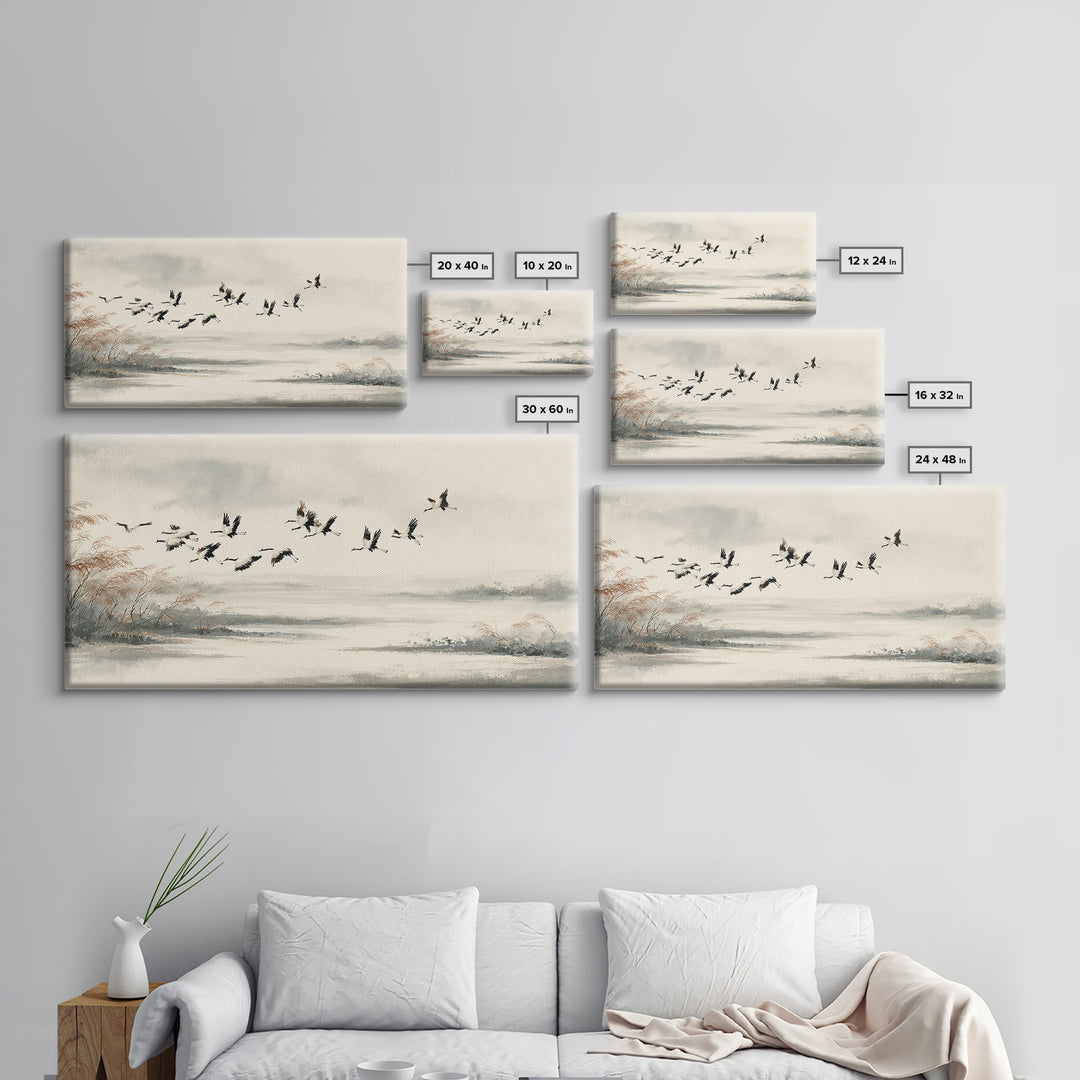 Black Ink Crane Flying Across Empty Sky Canvas Print, Black and White Art, Digital Prints, Living Room Decor, Monochrome, BAW-2x1-33