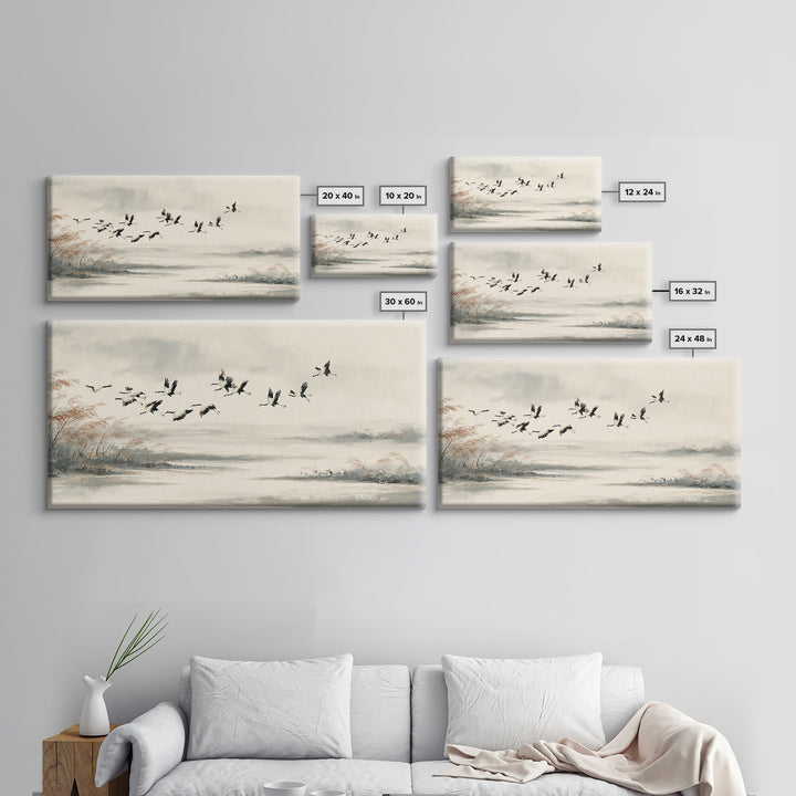 Black Ink Crane Flying Across Empty Sky Canvas Print, Black and White Art, Digital Prints, Living Room Decor, Monochrome, BAW-2x1-33