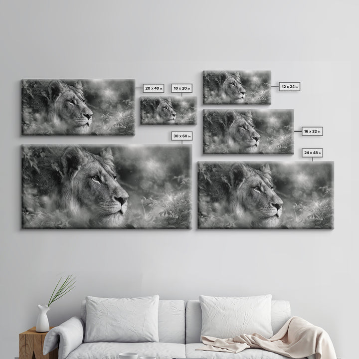Dramatic Black and White Lion Portrait Canvas Print, Black and White Art, Halloween Decor, Living Room Decor, Monochrome, BAW-2x1-37