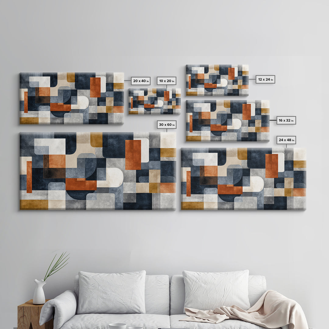 Geometric Bauhaus Grayscale Shapes Framed Canvas Print, Black and White Art, Luxury Decor, Living Room Decor, Abstract Art, BAW-2x1-38