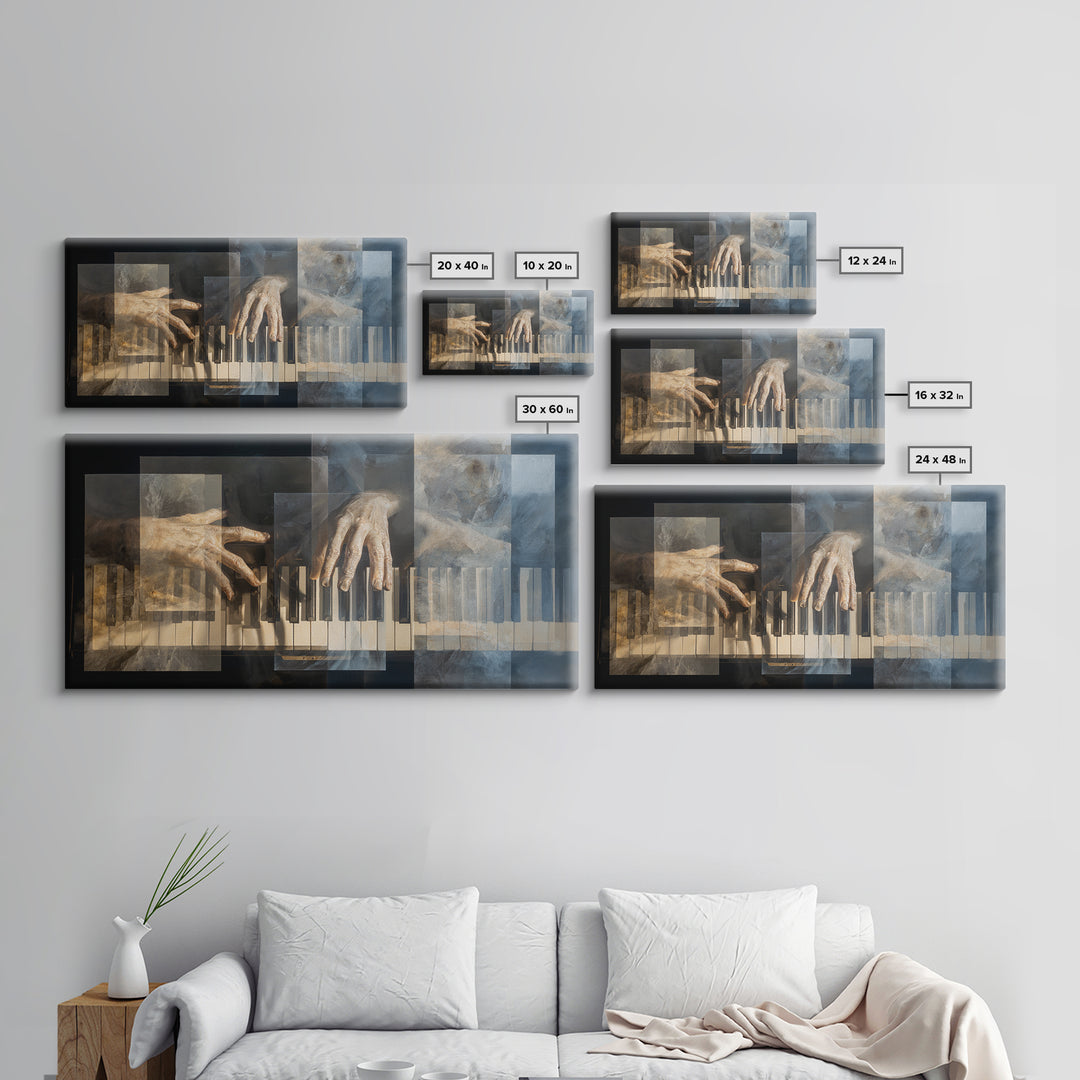 Piano Keys and Hands Framed Canvas Print, Black and White Art, Room Decor, Living Room Decor, Fine Art, Monochrome, Art Print, BAW-2x1-42