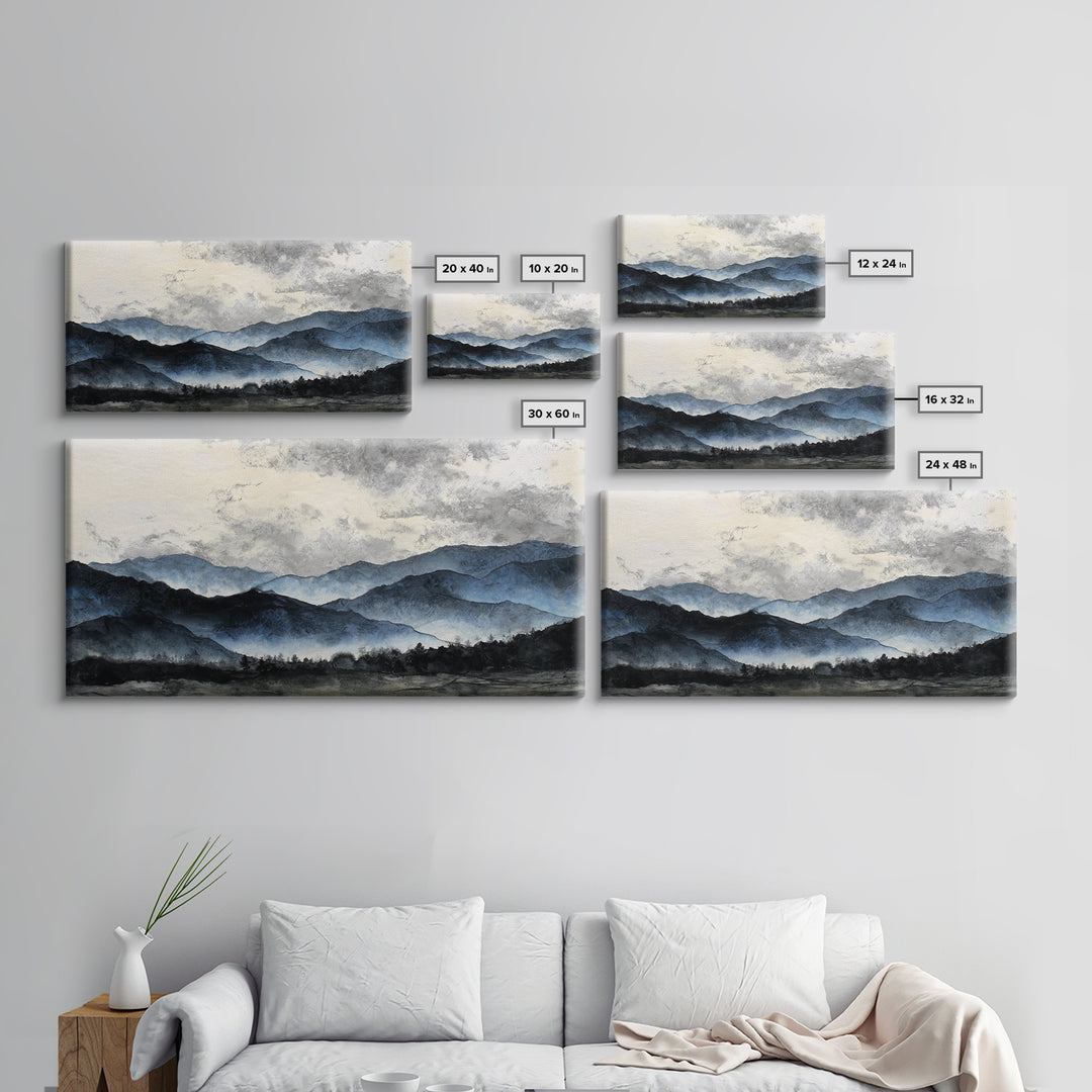 Black Ink Mountain Range Framed Canvas Print, Black and White Art, Art, Living Room Decor, Fine Art, Monochrome, Original Art, BAW-2x1-46