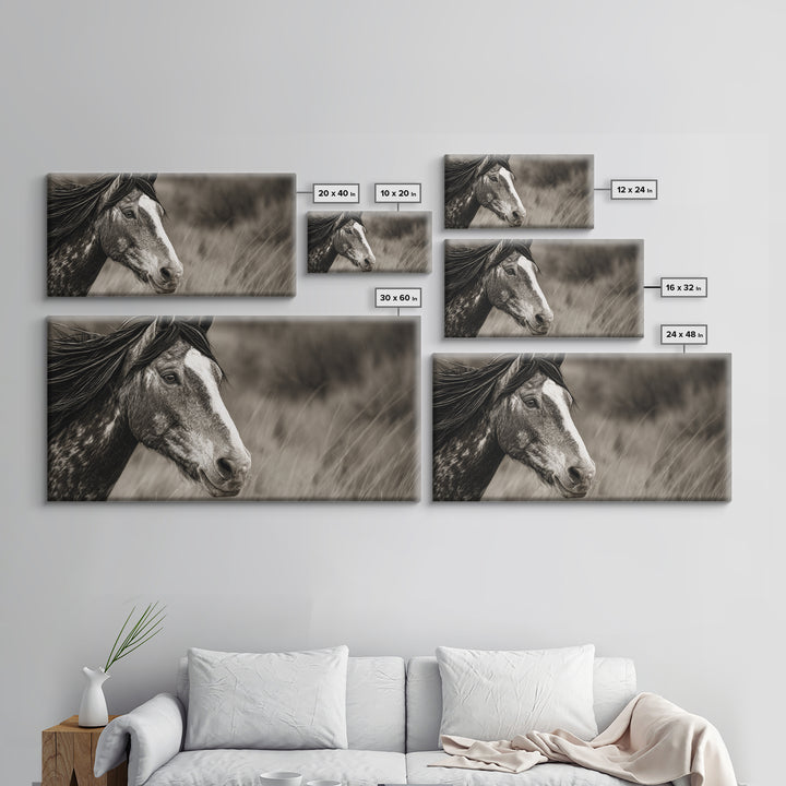 Black and White Wild Horse Portrait Canvas Print, Black and White Art, Large Wall Art, Living Room Decor, Fine Art, Monochrome, BAW-2x1-49