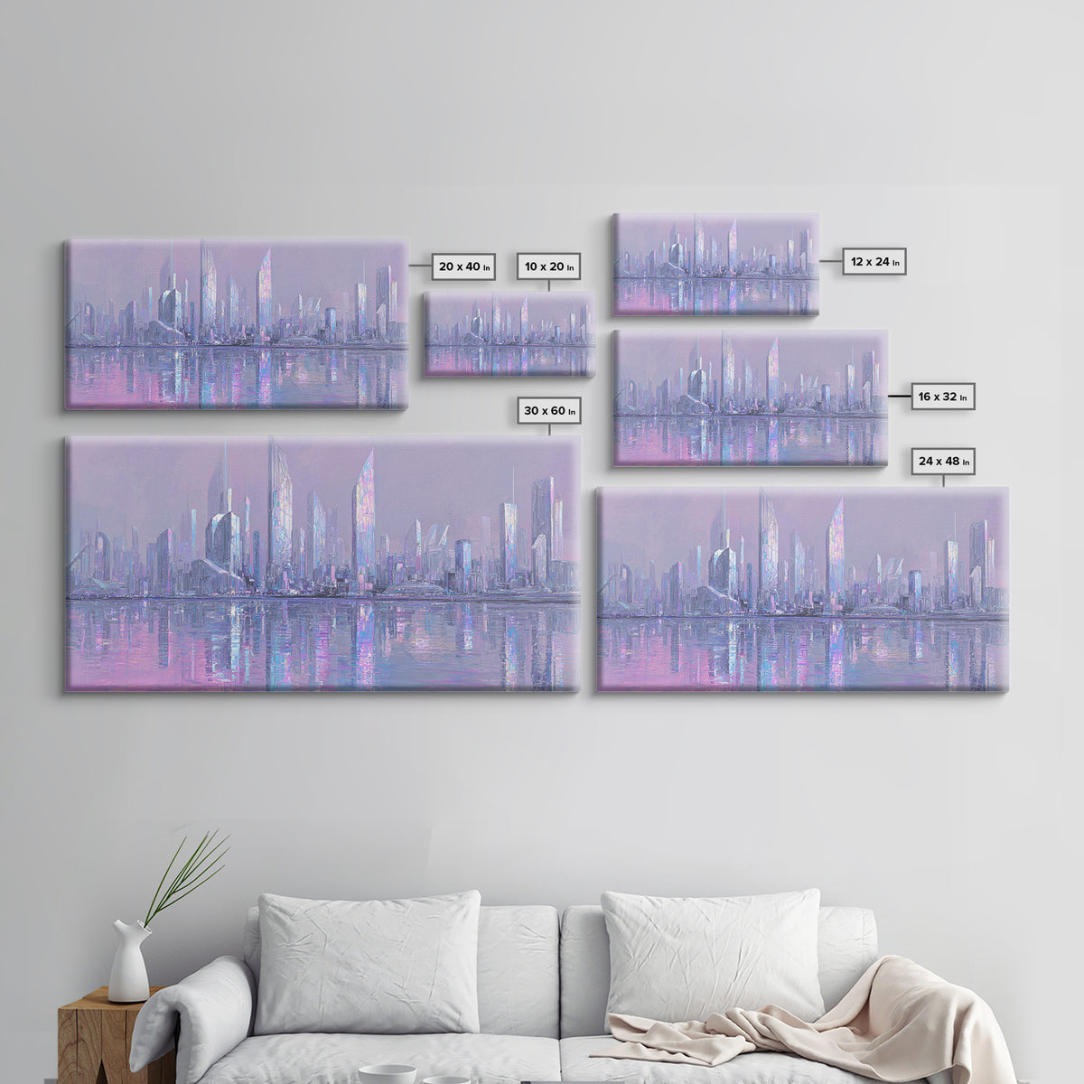 Monochrome City Skyline Reflected Framed Canvas Print, Black and White Art, Wood Wall Art, Living Room Decor, Monochrome, BAW-2x1-55