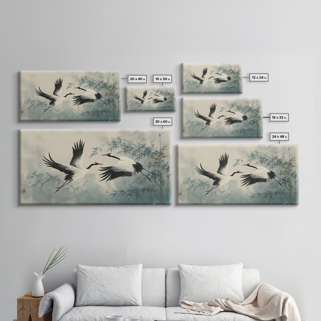 Black Ink Crane Flying Across Empty Sky Canvas Print, Black and White Art, Printable, Living Room Decor, Fine Art, Monochrome, BAW-2x1-57