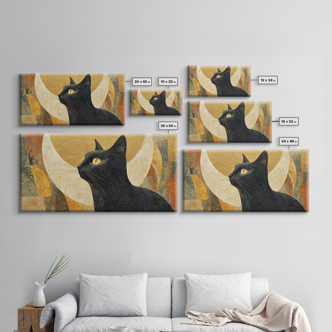 Black Cat Silhouette Framed Canvas Print, Black and White Art, Art Prints, Living Room Decor, Oil Painting, Monochrome, BAW-2x1-60