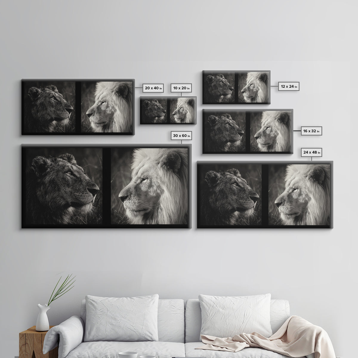 Dramatic Black and White Lion Portrait Canvas Print, Black and White Art, Printable Wall Art, Living Room Decor, Monochrome, BAW-2x1-61