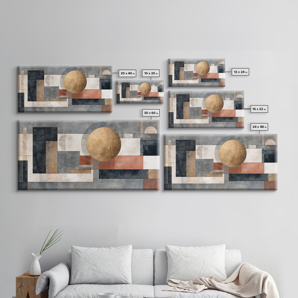 Geometric Bauhaus Grayscale Shapes Canvas Print, Black and White Art, Wall Art, Living Room Decor, Abstract Art, Monochrome, BAW-2x1-62