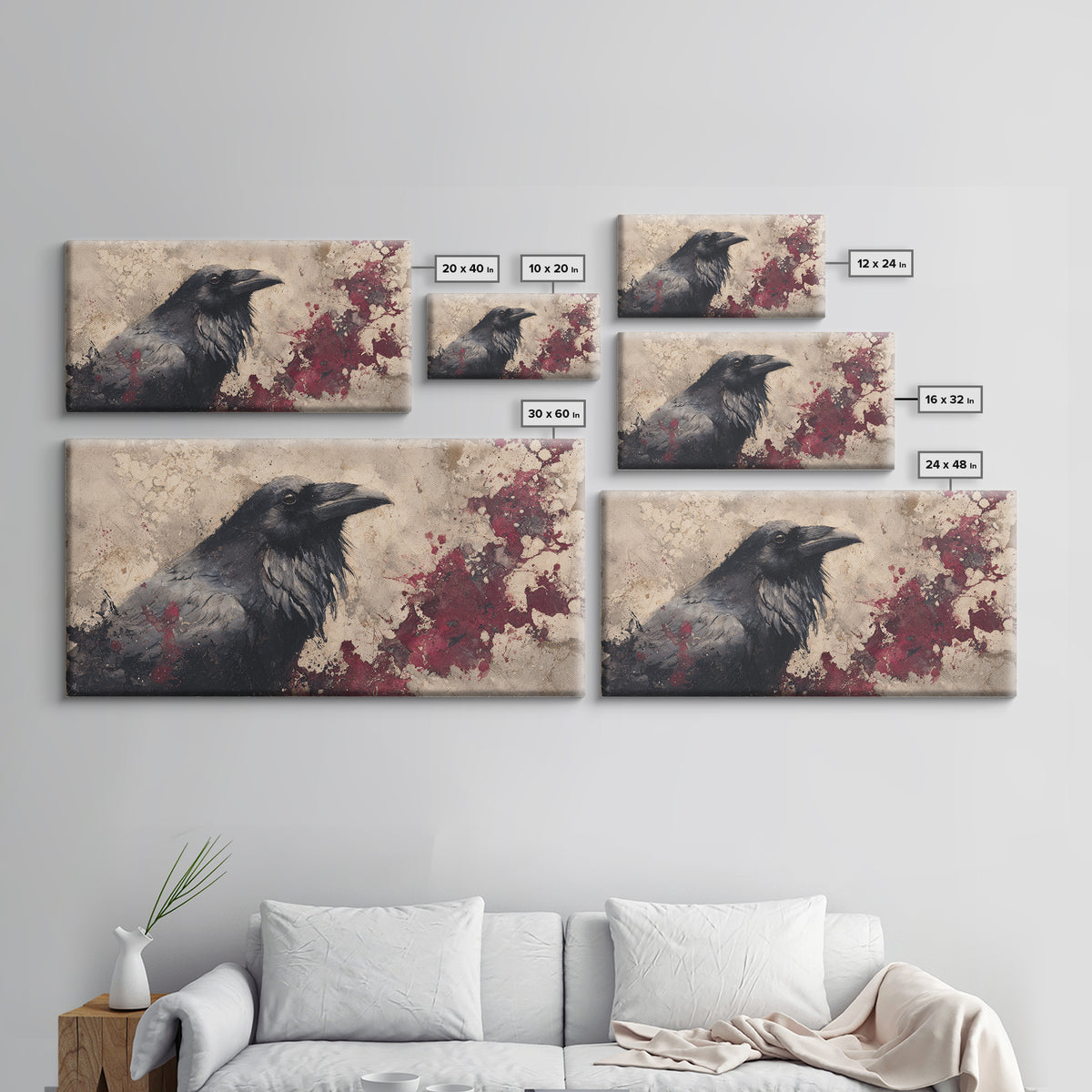 Ink Splatter Raven Composition Canvas Print, Black and White Art, Art Print, Living Room Decor, Fine Art, Monochrome, BAW-2x1-64