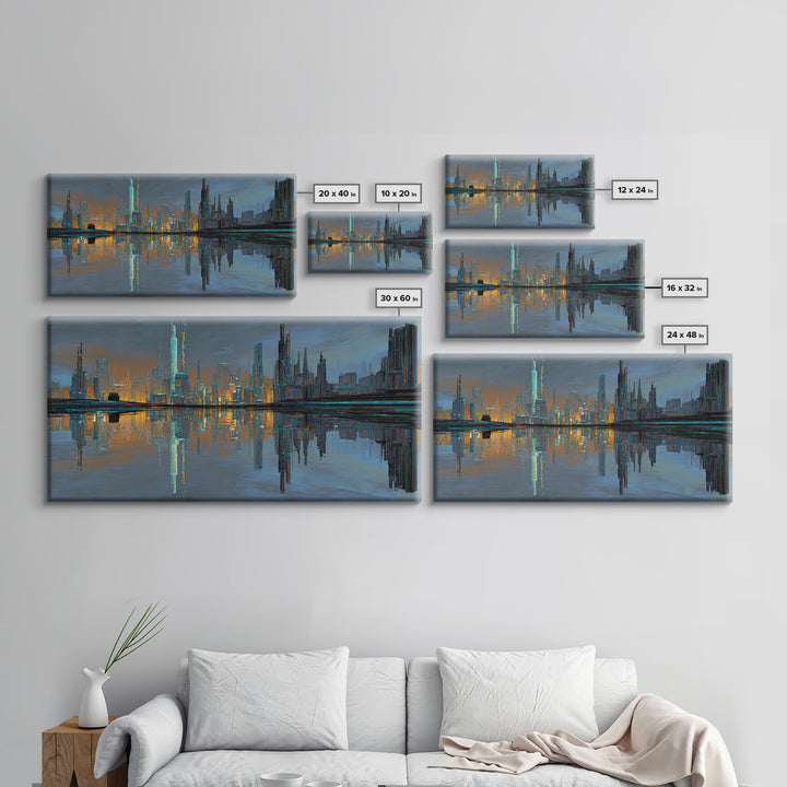 Monochrome City Skyline Reflected Framed Canvas Print, Black and White Art, Halloween Decor, Living Room Decor, Abstract Art, BAW-2x1-7