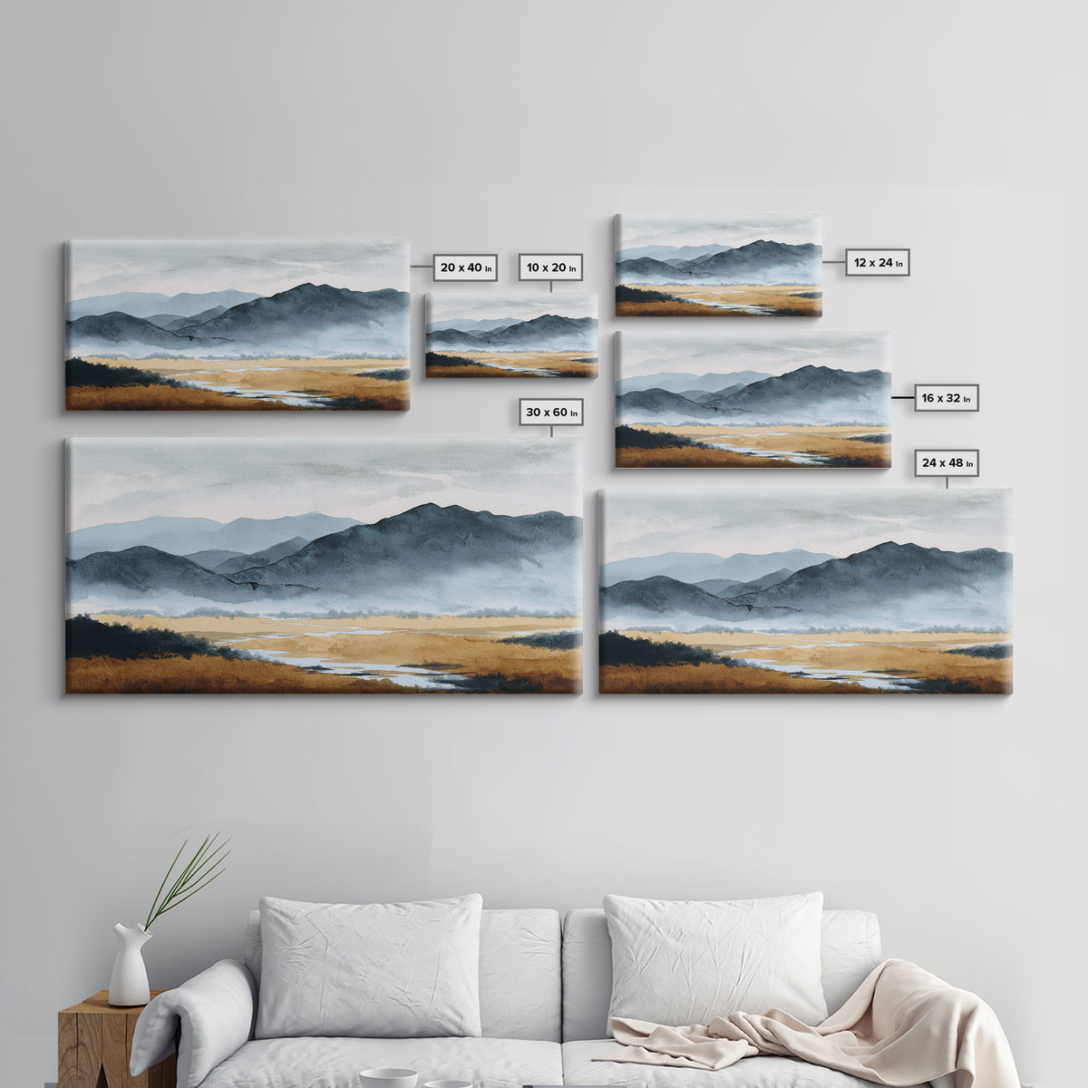 Black Ink Mountain Range Canvas Print, Black and White Art, Living Room Decor, Oil Painting, Monochrome, Abstract Wall Art, BAW-2x1-70