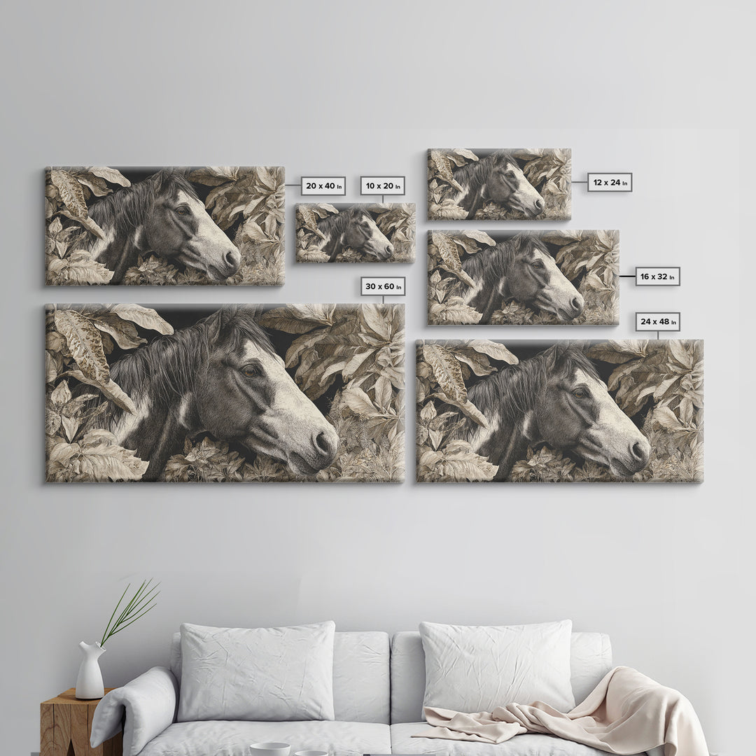 Black and White Wild Horse Portrait Canvas Print, Black and White Art, Large Wall Art, Living Room Decor, Fine Art, Monochrome, BAW-2x1-73