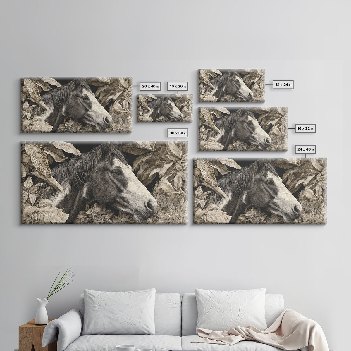 Black and White Wild Horse Portrait Canvas Print, Black and White Art, Large Wall Art, Living Room Decor, Fine Art, Monochrome, BAW-2x1-73