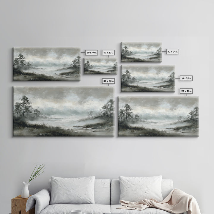 Moody Foggy Forest Framed Canvas Print, Black and White Art, Room Decor, Living Room Decor, Fine Art, Monochrome, Art Print, BAW-2x1-75