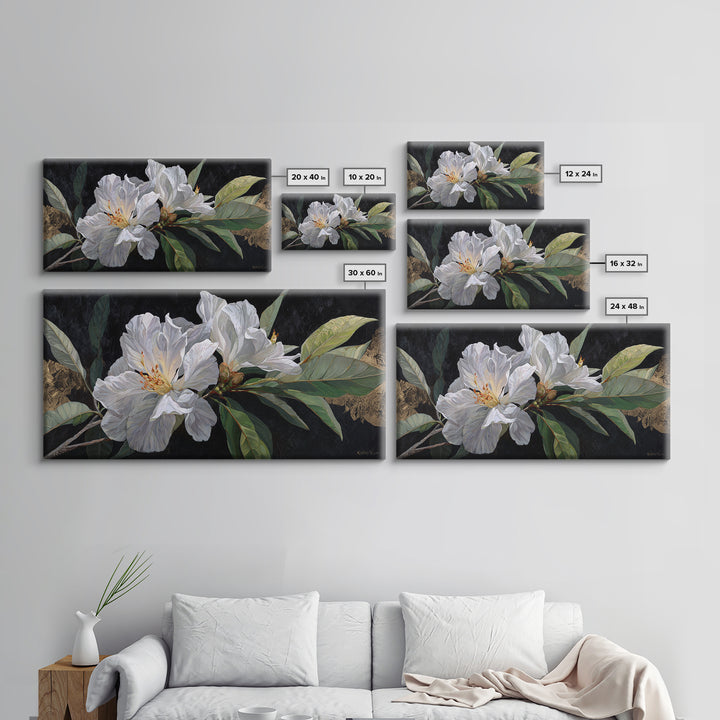White Flower on Deep Black Background Canvas Print, Black and White Art, Luxury Decor, Living Room Decor, Monochrome, BAW-2x1-8