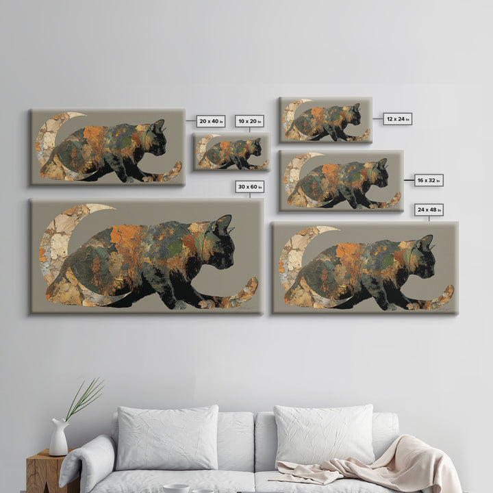 Black Cat Silhouette Framed Canvas Print, Black and White Art, Printable Art, Living Room Decor, Fine Art, Monochrome, BAW-2x1-84