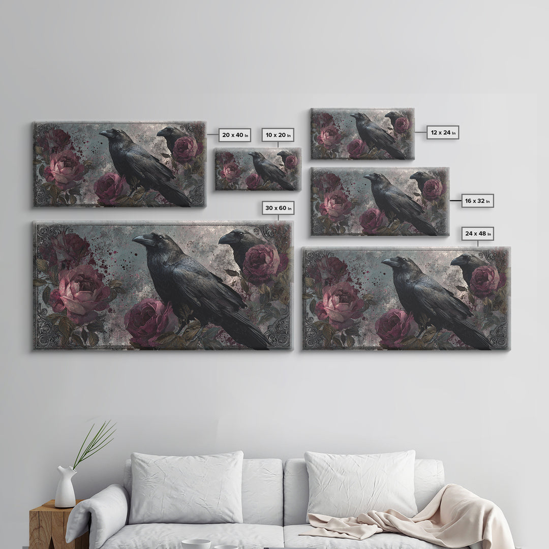 Ink Splatter Raven Composition Framed Canvas Print, Black and White Art, Large Wall Art, Living Room Decor, Monochrome, BAW-2x1-88