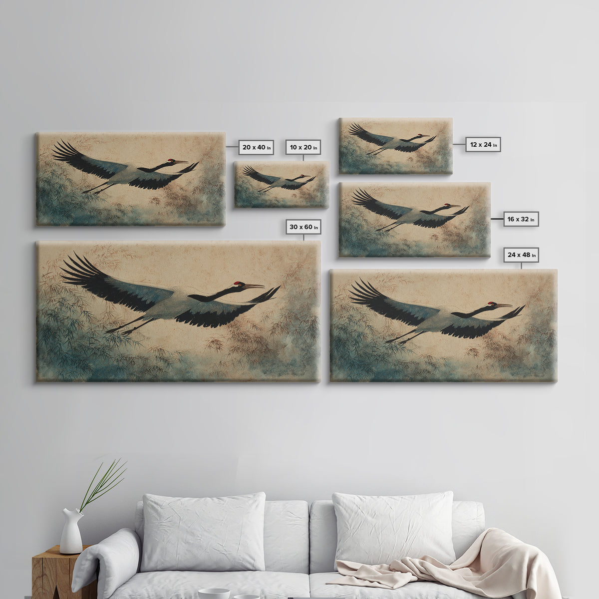 Black Ink Crane Flying Across Empty Sky Canvas Print, Black and White Art, Digital Prints, Living Room Decor, Monochrome, BAW-2x1-9