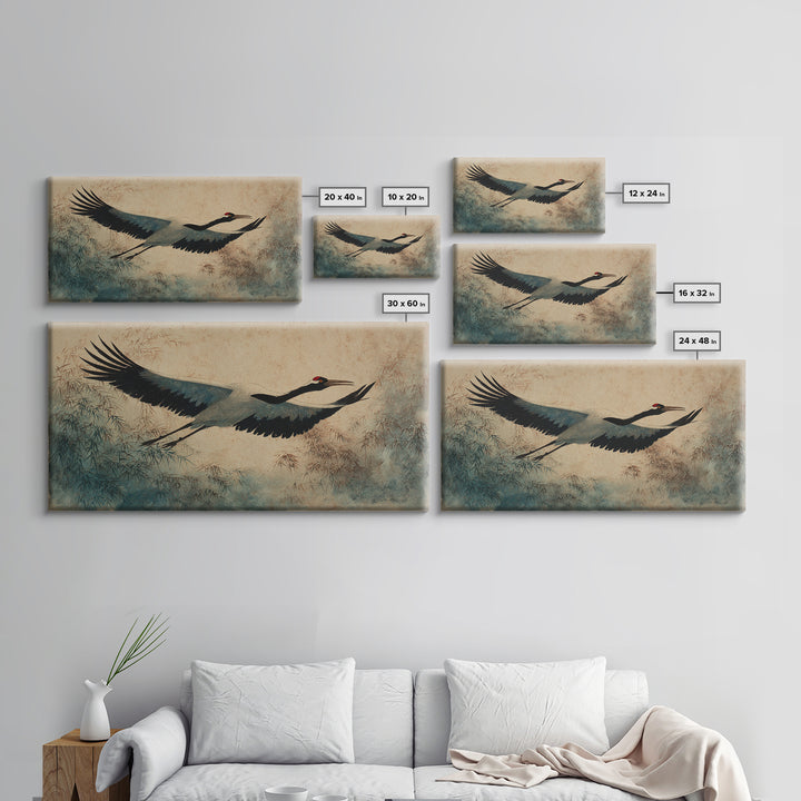 Black Ink Crane Flying Across Empty Sky Canvas Print, Black and White Art, Digital Prints, Living Room Decor, Monochrome, BAW-2x1-9