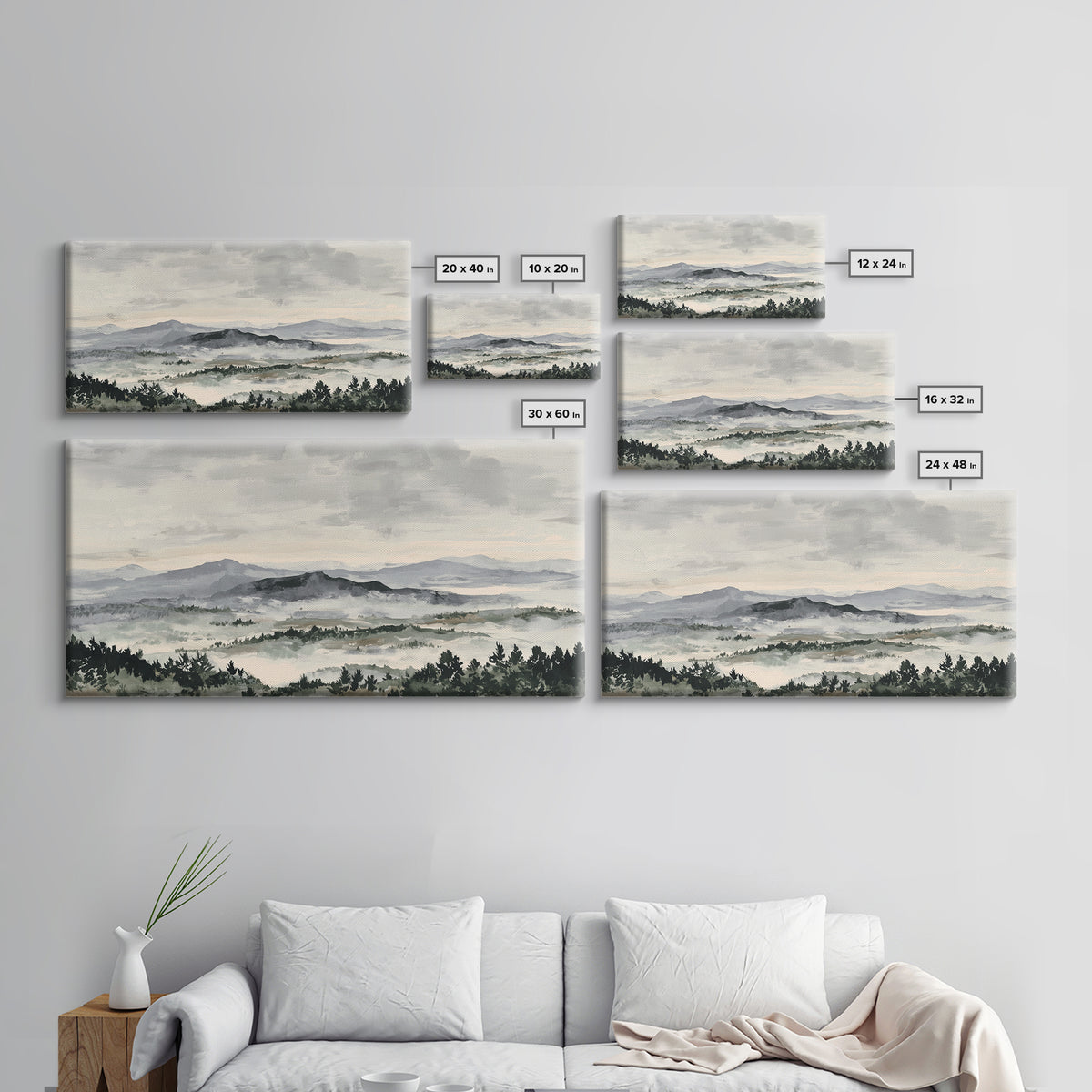 Black Ink Mountain Range Canvas Print, Black and White Art, Living Room Decor, Oil Painting, Monochrome, Abstract Wall Art, BAW-2x1-94