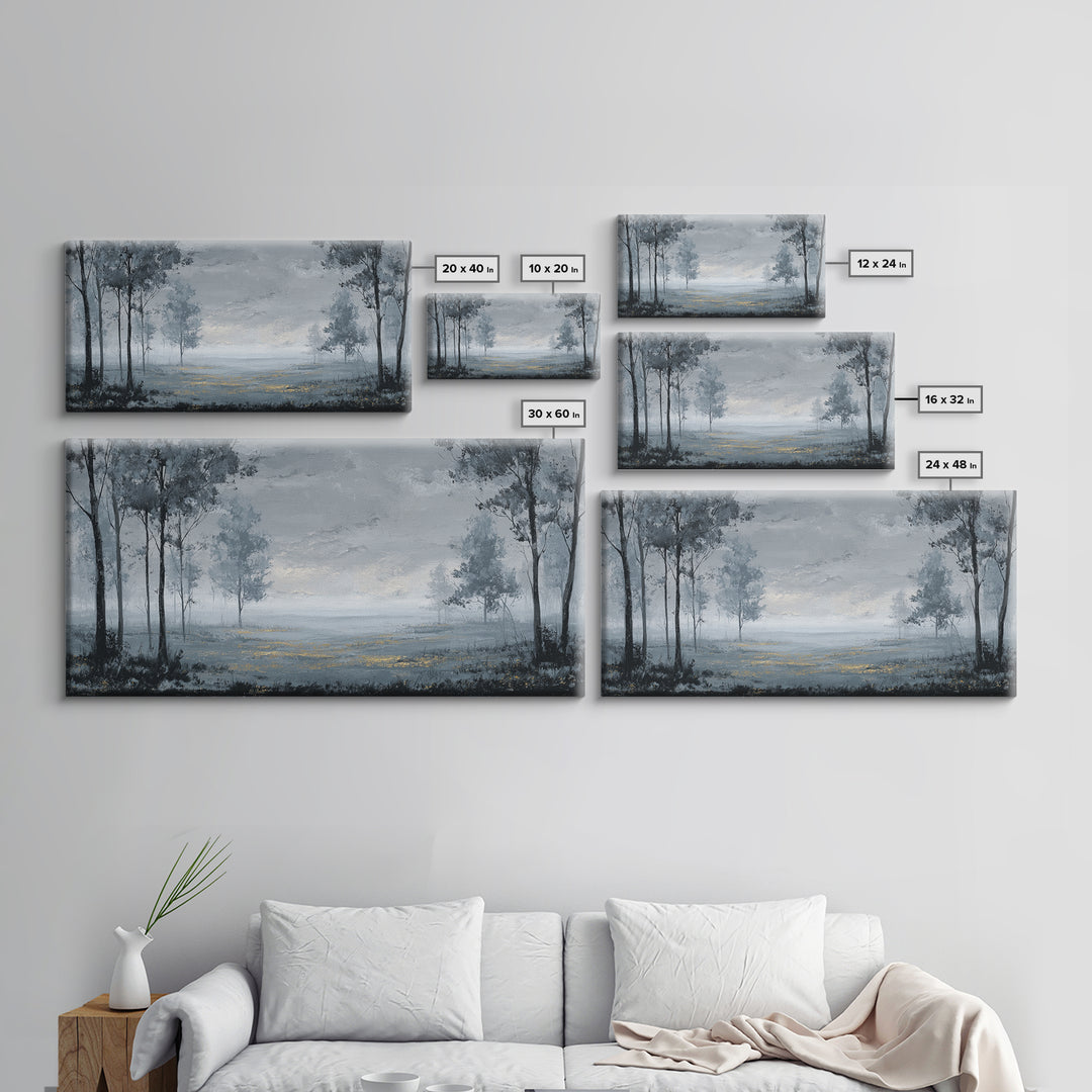 Moody Foggy Forest Framed Canvas Print, Black and White Art, Printable Art, Living Room Decor, Monochrome, Gallery Decor, BAW-2x1-99