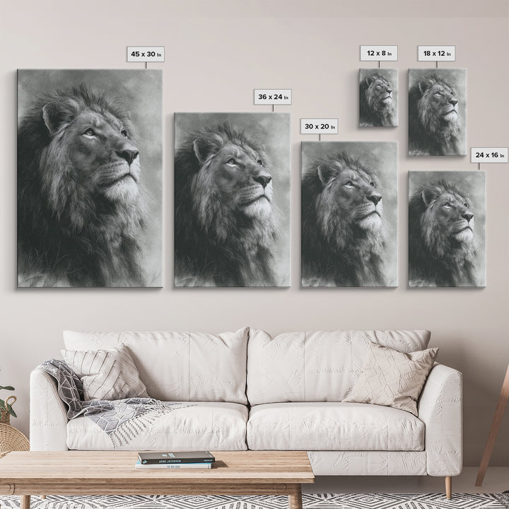 Dramatic Black and White Lion Portrait Framed Canvas Print, Black and White Art, Art Print, Living Room Decor, Monochrome, BAW-2x3-1
