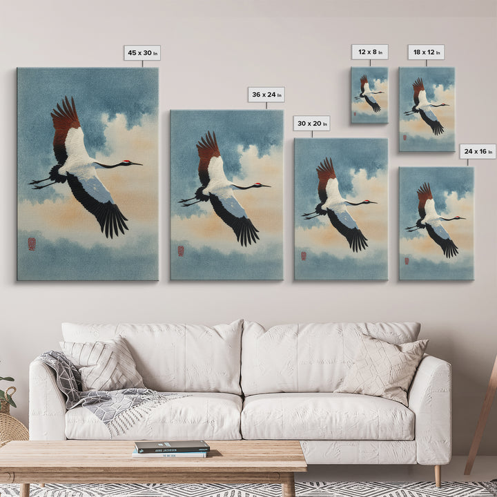 Black Ink Crane Flying Across Empty Sky Canvas Print, Black and White Art, Art Prints, Living Room Decor, Monochrome, BAW-2x3-21