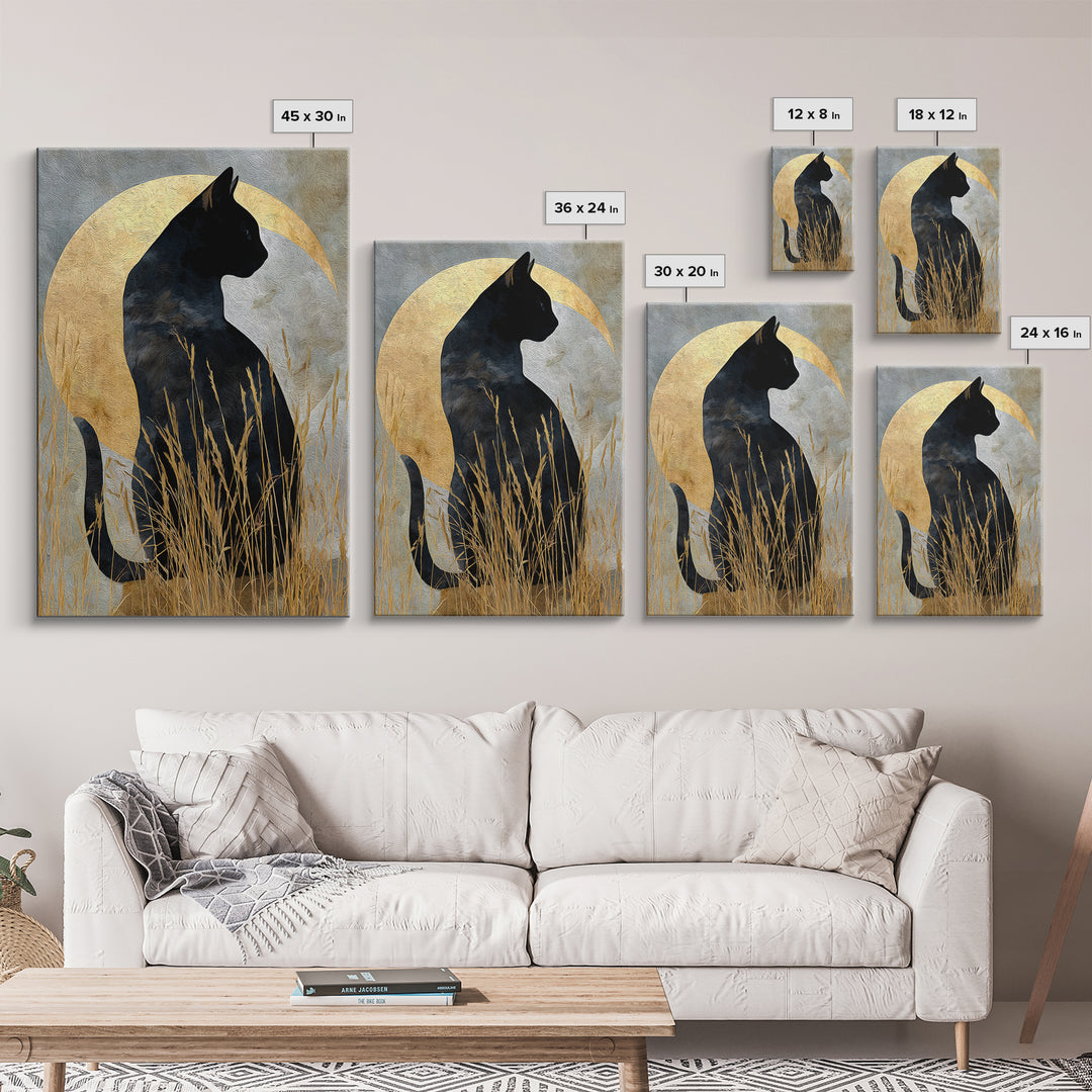 Black Cat Silhouette Framed Canvas Print, Black and White Art, Modern Decor, Living Room Decor, Fine Art, Monochrome, BAW-2x3-24