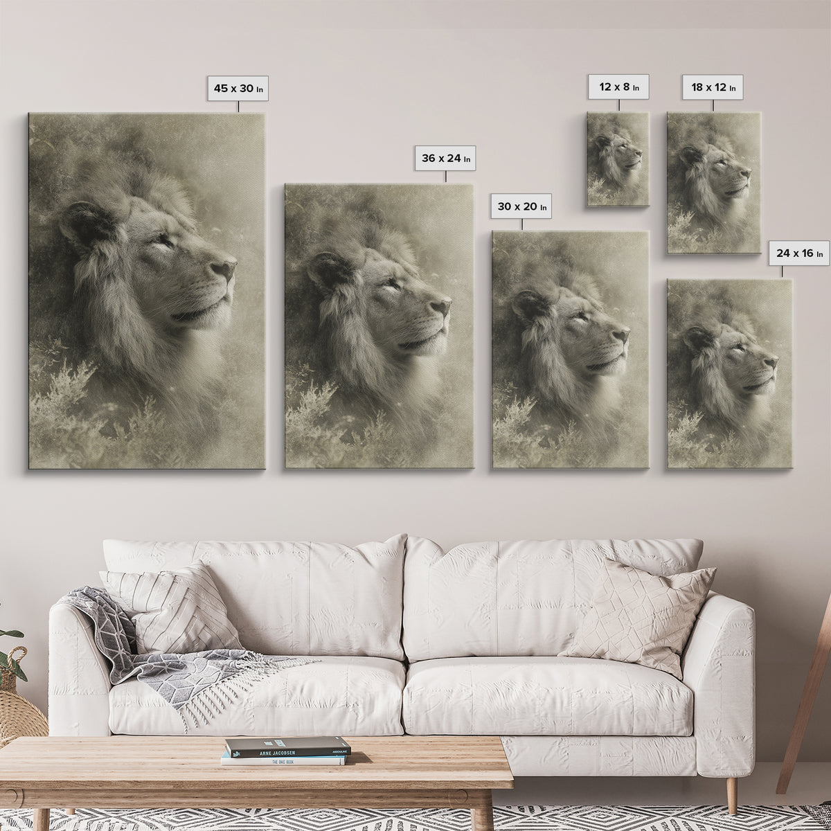 Dramatic Black and White Lion Portrait Framed Canvas Print, Black and White Art, Art Print, Living Room Decor, Monochrome, BAW-2x3-25