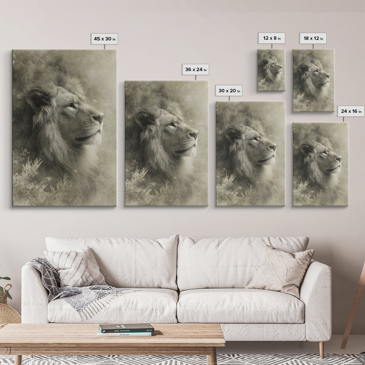 Dramatic Black and White Lion Portrait Framed Canvas Print, Black and White Art, Art Print, Living Room Decor, Monochrome, BAW-2x3-25