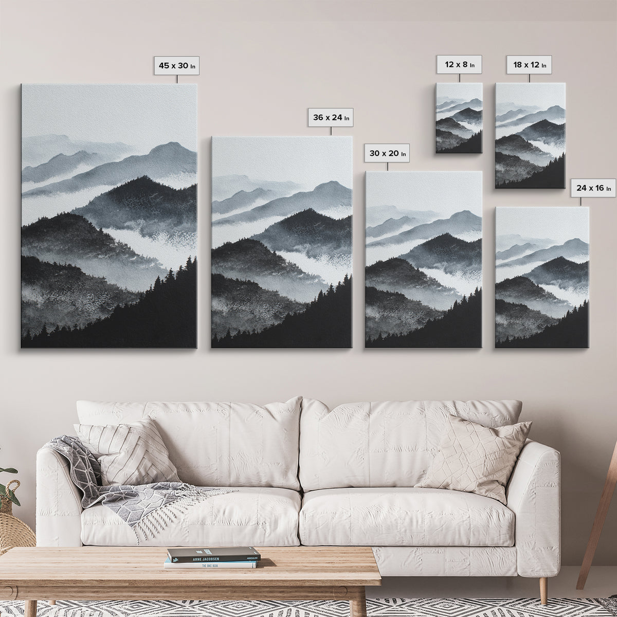 Black Ink Mountain Range Framed Canvas Print, Black and White Art, Halloween Decor, Living Room Decor, Fine Art, Monochrome, BAW-2x3-34