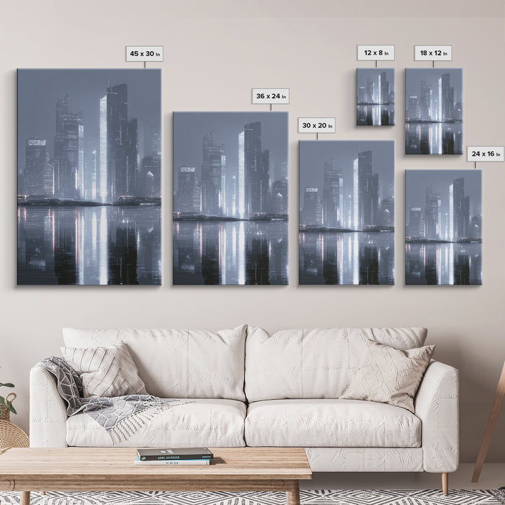 Monochrome City Skyline Reflected Canvas Print, Black and White Art, Printable Wall Art, Living Room Decor, Monochrome, BAW-2x3-43