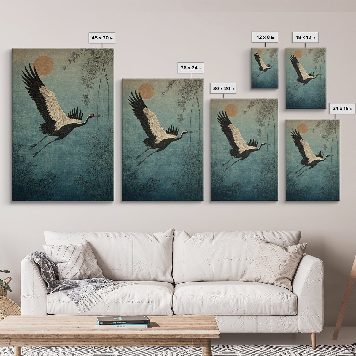 Black Ink Crane Flying Across Empty Sky Canvas Print, Black and White Art, Gothic Decor, Living Room Decor, Monochrome, BAW-2x3-45
