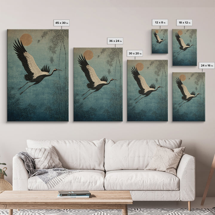 Black Ink Crane Flying Across Empty Sky Canvas Print, Black and White Art, Gothic Decor, Living Room Decor, Monochrome, BAW-2x3-45