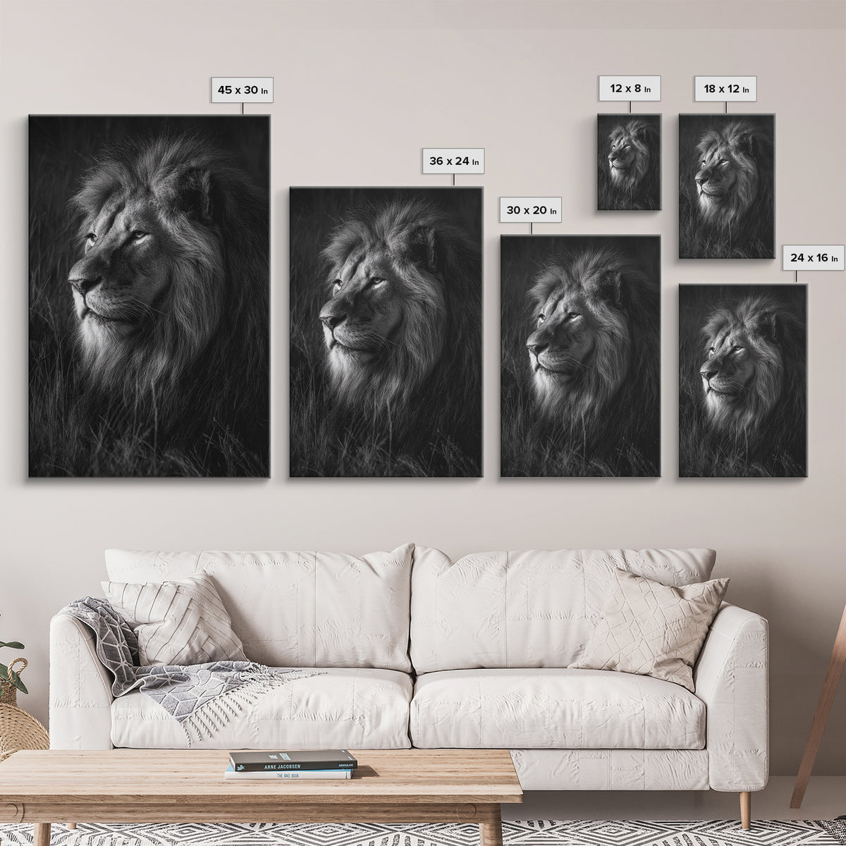 Dramatic Black and White Lion Portrait Canvas Print, Black and White Art, Large Wall Art, Living Room Decor, Monochrome, BAW-2x3-49