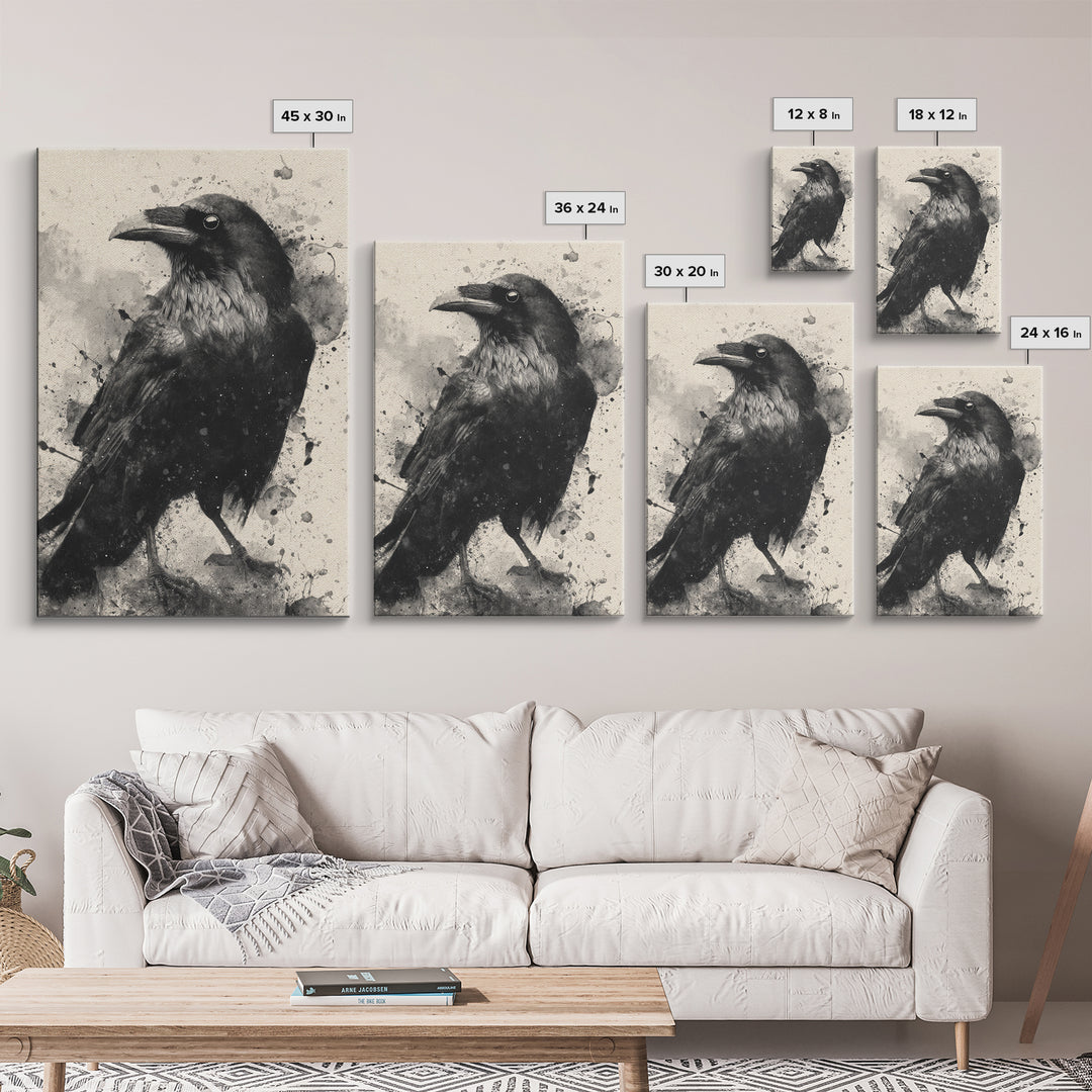 Ink Splatter Raven Composition Framed Canvas Print, Black and White Art, Art, Living Room Decor, Fine Art, Monochrome, BAW-2x3-52