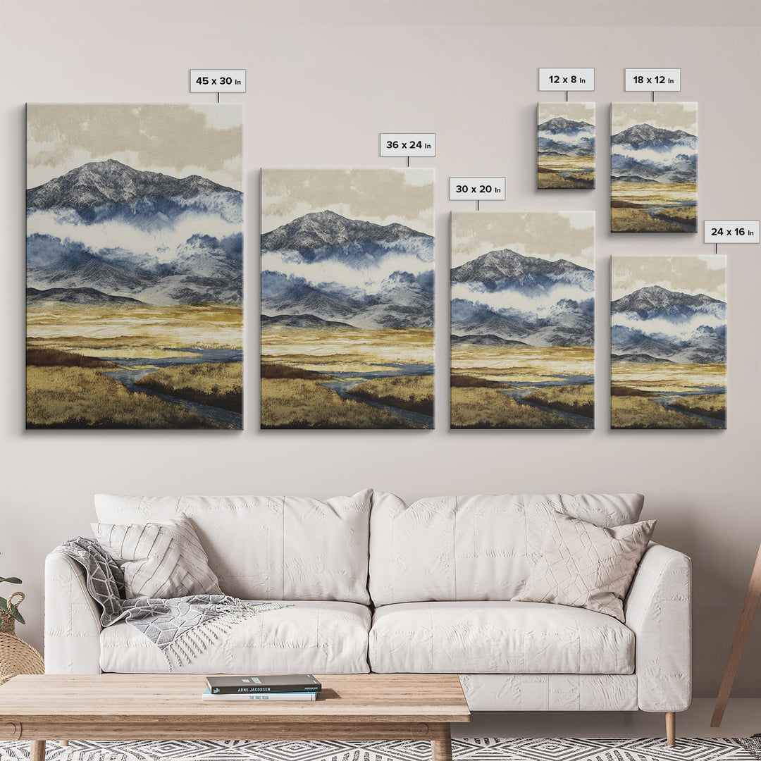 Black Ink Mountain Range Canvas Print, Black and White Art, Printable Wall Art, Living Room Decor, Watercolor Art, Monochrome, BAW-2x3-58