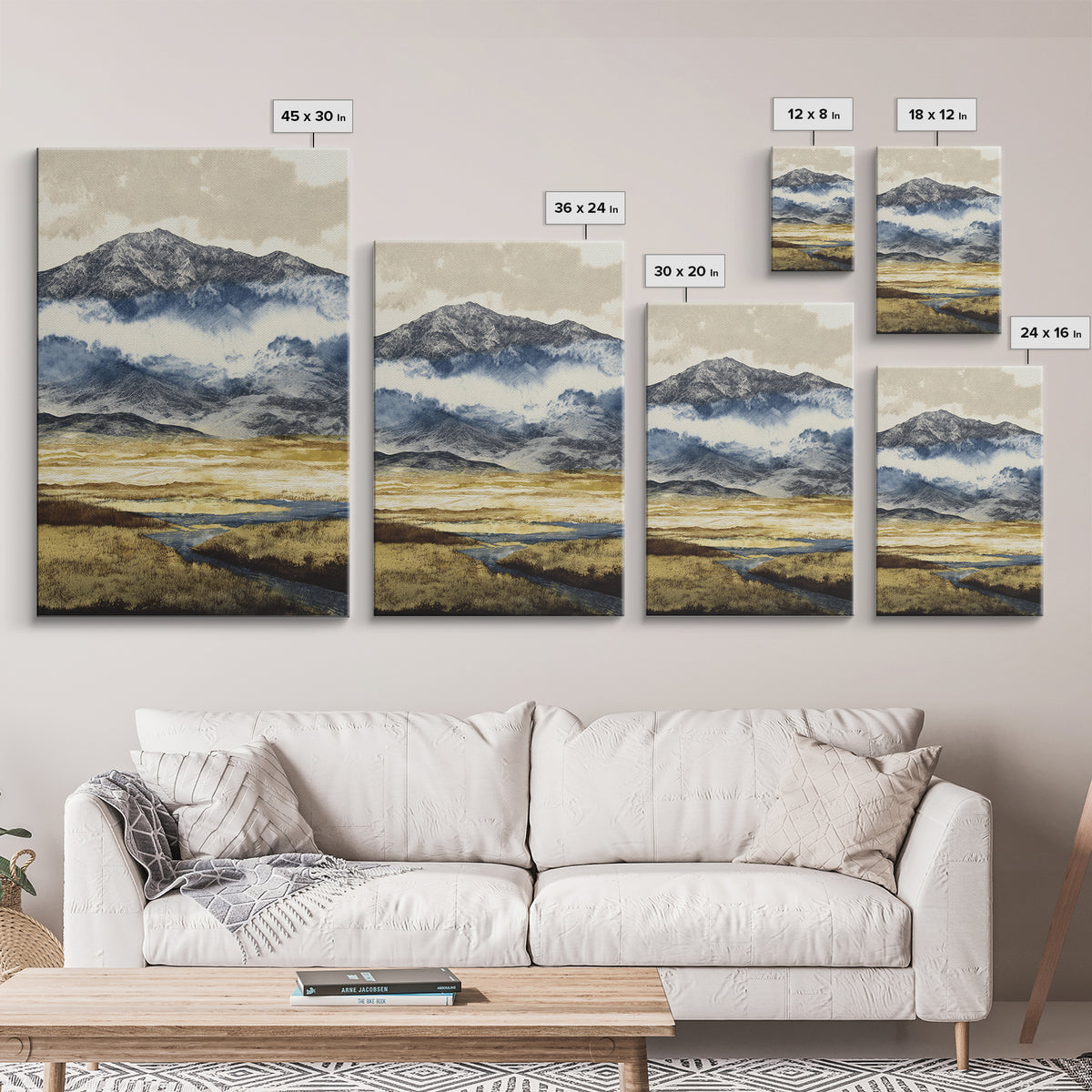 Black Ink Mountain Range Canvas Print, Black and White Art, Printable Wall Art, Living Room Decor, Watercolor Art, Monochrome, BAW-2x3-58