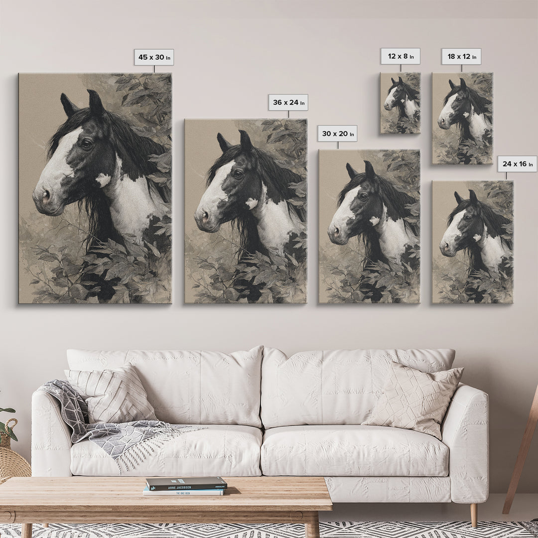 Black and White Wild Horse Portrait Canvas Print, Black and White Art, Wood Wall Art, Living Room Decor, Fine Art, Monochrome, BAW-2x3-61