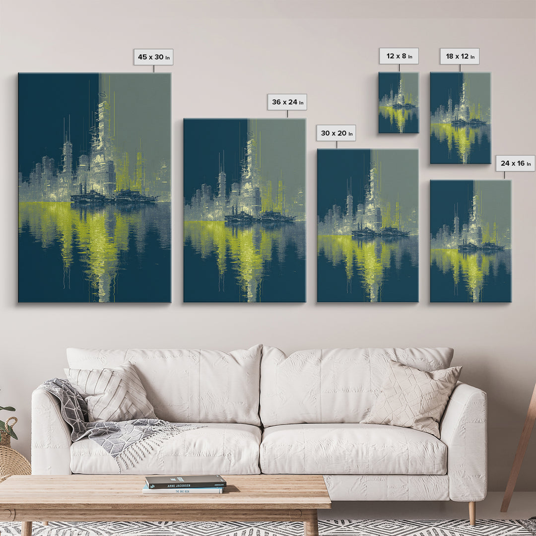 Monochrome City Skyline Reflected Canvas Print, Black and White Art, Wood Wall Art, Living Room Decor, Fine Art, Monochrome, BAW-2x3-67