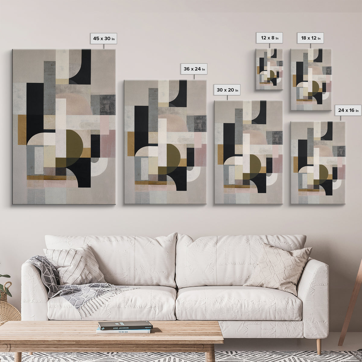Geometric Bauhaus Grayscale Shapes Framed Canvas Print, Black and White Art, Digital Art, Living Room Decor, Abstract Art, BAW-2x3-74