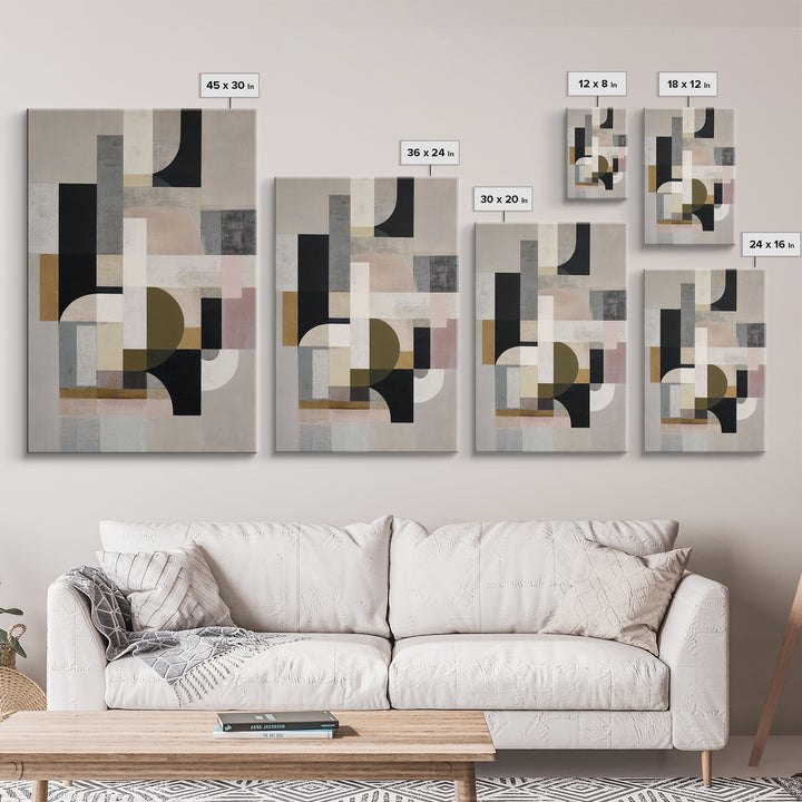 Geometric Bauhaus Grayscale Shapes Framed Canvas Print, Black and White Art, Digital Art, Living Room Decor, Abstract Art, BAW-2x3-74