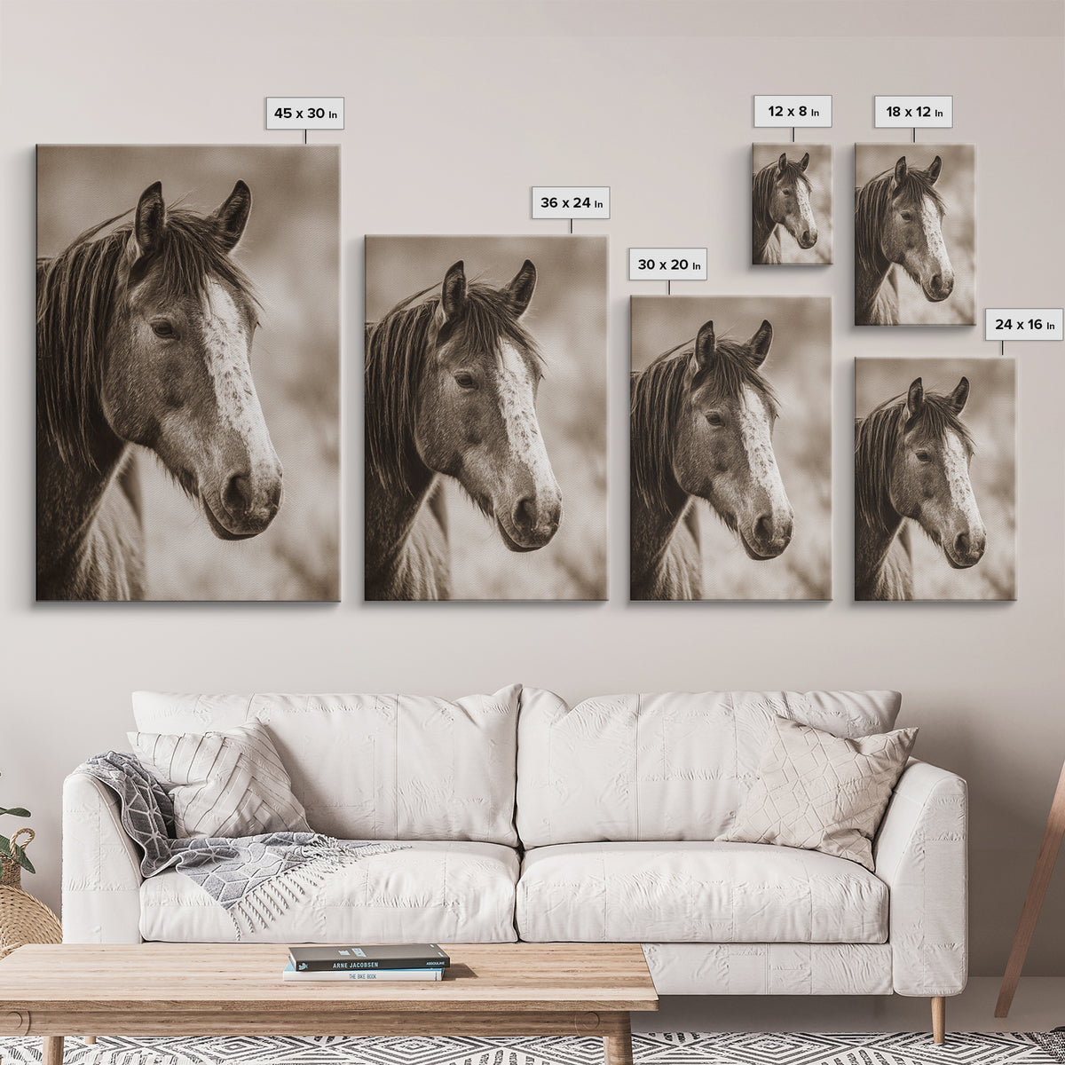 Black and White Wild Horse Portrait Framed Canvas Print, Black and White Art, Canvas Print, Living Room Decor, Monochrome, BAW-2x3-85