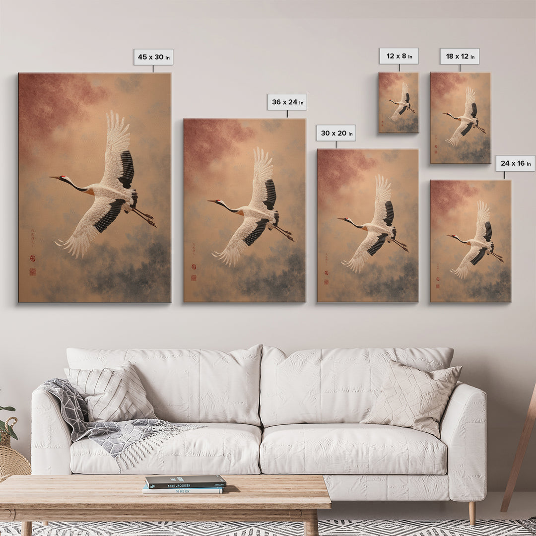 Black Ink Crane Flying Across Empty Sky Framed Canvas Print, Black and White Art, Printable Art, Living Room Decor, Monochrome, BAW-2x3-93