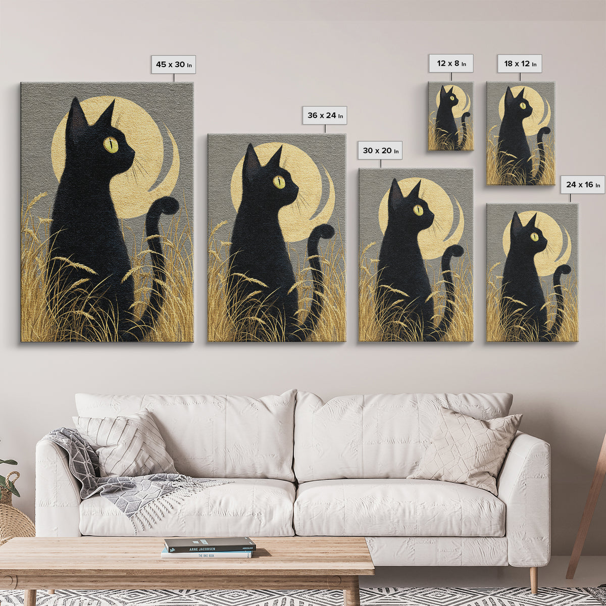 Black Cat Silhouette Canvas Print, Black and White Art, Printable Art, Living Room Decor, Fine Art, Monochrome, Gallery Decor, BAW-2x3-96